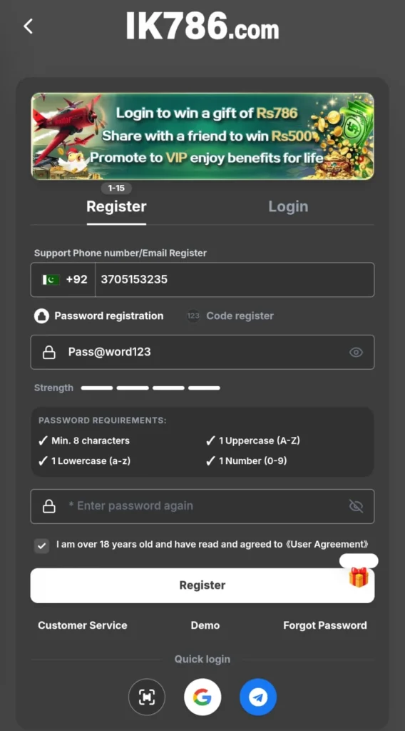 IK786 Game Register and login