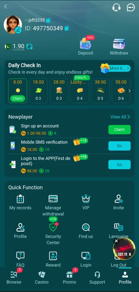 Register page of HH98 game
